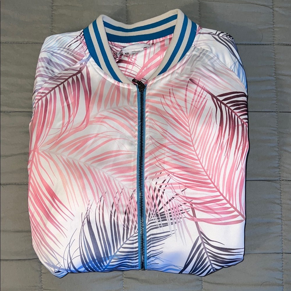 WORN TWICE! Sateen Palm Tree Print Bomber Jacket - Pinks/Blues/Teal